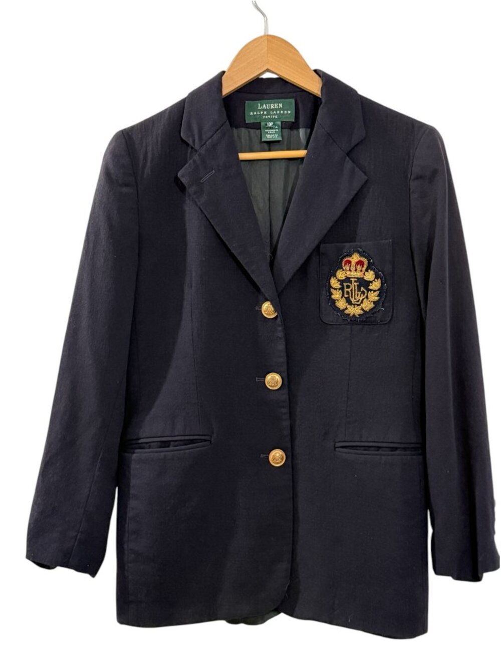 Lauren Ralph Lauren Petite Navy Wool Crest Gold Button Blazer 10P